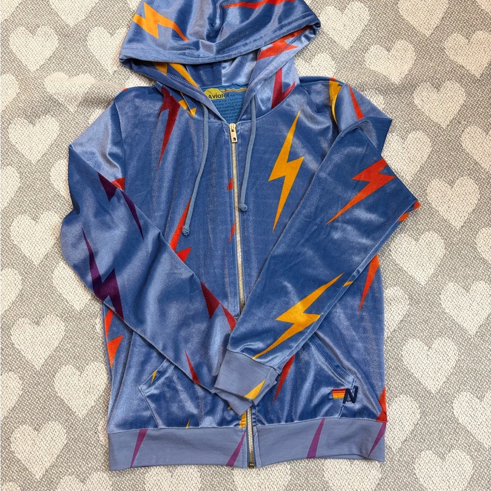 Aviator Nation Blue Hoodie with Lightning Bolt Design